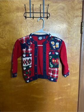Vintage Children's Red & Navy Patterned Knit Cardigan - Cozy Holiday Sweater